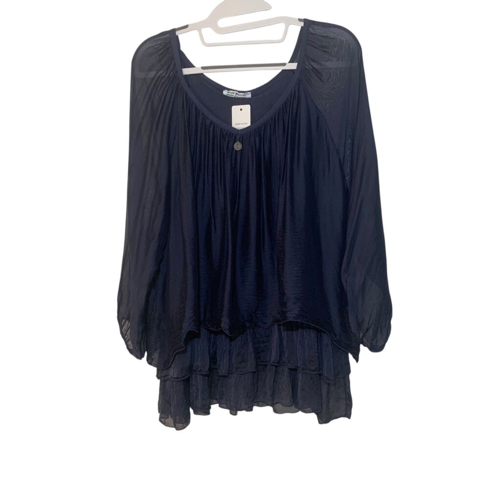 Womens Made in Italy Blue Tiered Ruffle Silk Peasant Top S/M Boho Romantic